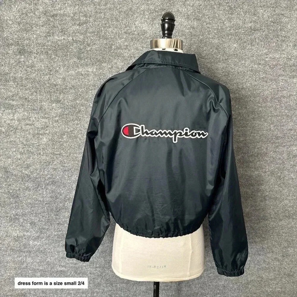 Champion Windbreaker Womens Medium Black Cropped Sporty Logo Spellout Jacket - Picture 2 of 16